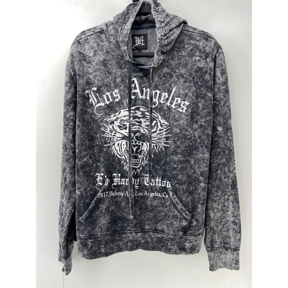 Ed Hardy Hoodie Mens Large Gray Los Angeles Tattoo Tiger Graphic Fleece Pullover